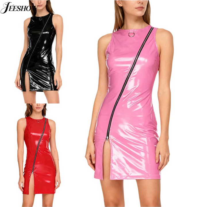Women’s Faux Leather Zip Bodycon Mini Dress